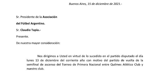 Carta de Ferro a AFA solicitando se reitere el cotejo con Quilmes